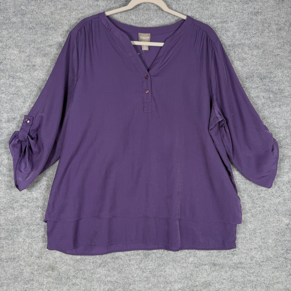 Chico's Size-3 (XL) Top Purple Henley Blouse Roll Tab Sleeve Layered Hem - Picture 1 of 10